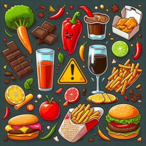 Assortment of reflux-triggering foods like spicy, fatty, and acidic items.