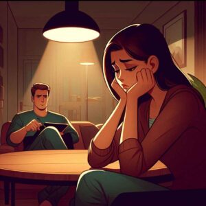 Woman feeling dismissed as her partner ignores her feelings during a tense conversation.