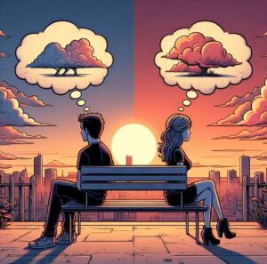 Couple sitting apart, symbolizing emotional distance and misaligned future goals.