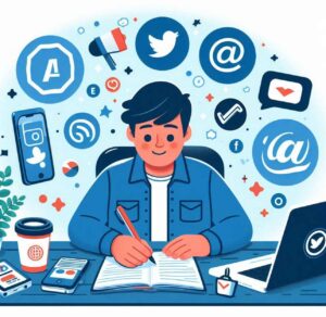 Person brainstorming authentic branding strategies, with social media icons and creative elements.
