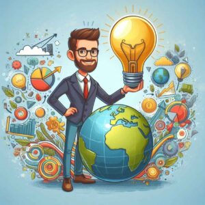 Entrepreneur with a lightbulb over a globe, symbolizing purposeful entrepreneurship and innovation.