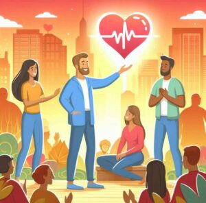 A person helping others with a glowing heart symbolizing passion-driven service.