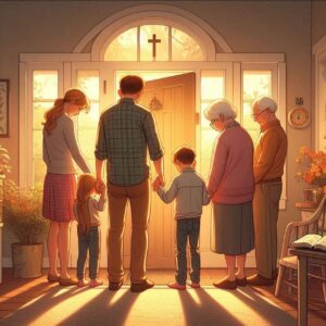 A family stands by the door, heads bowed in morning prayer of the Psalm 91.
