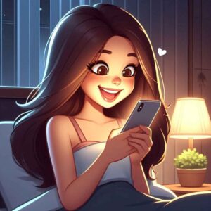 Young Filipino woman happily messaging first thing at night- unmistakably sign that she likes you.