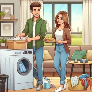 Man tidies up his space and tries new things to make his partner happy showing one of the silent signs that he loves her.