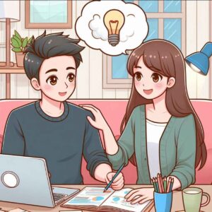 Couple working on a creative project together at home.