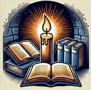 A glowing candle surrounded by open books, symbolizing learning and enlightenment.