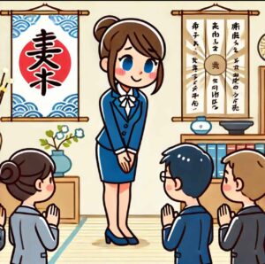 English teacher bowing to Japanese colleagues, respecting workplace culture.