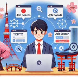 Job seeker exploring teaching opportunities in Japan with Japanese cultural icons in the background.