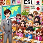 ESL teacher with young learners in a colorful Japanese classroom, teaching English with enthusiasm.