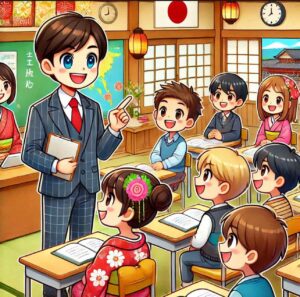 An English teacher interacting with Japanese students in a vibrant classroom setting.