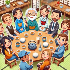 Expats and locals bonding over a meal in Japan.