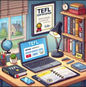 A TEFL certification on a desk next to teaching materials and a laptop.