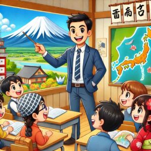 Teacher in Japan engaging with students in a classroom with Mount Fuji visible outside the window.