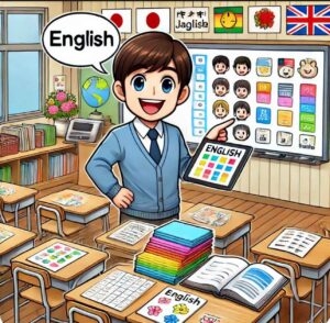 An English teacher preparing teaching materials in a Japanese classroom.