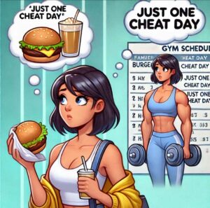 Person torn between eating a burger and following a gym schedule.