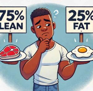 Two identical food items with contrasting labels: '75% lean' vs. '25% fat.'