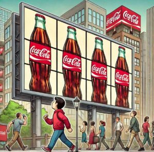 A billboard displaying repeating product ads in an urban environment.