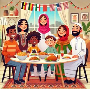 A diverse family with Black, Hispanic, Middle-Eastern, and White members, celebrating cultural diversity during a family dinner.