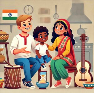 A couple from Indian and African American backgrounds teaching their child about their cultural traditions, representing family diversity.