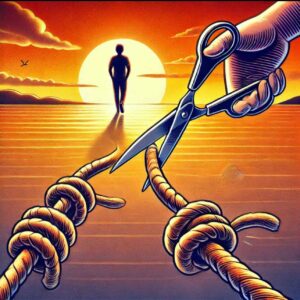 A rope being cut with scissors, with a person walking into the sunset in the background.