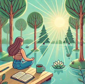 A person meditating near a lake, with a journal and tea by their side.