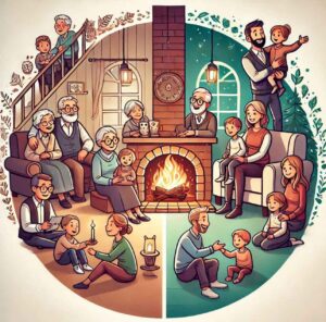 A multigenerational family (grandparents, parents, children) bonding together, symbolizing the changing dynamics of family structures.