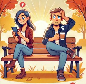 Two friends on a park bench, one engrossed in their phone while the other looks frustrated, representing a selfish friendship dynamic.