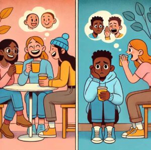 A split-screen showing a happy friend group and a person feeling left out while others gossip.