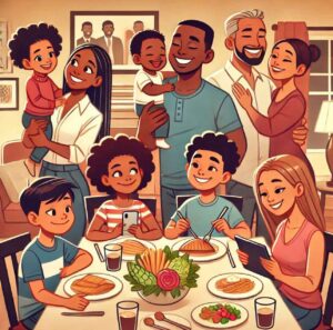 A diverse, blended family of different ethnicities (Asian, Hispanic, Black, White) enjoying quality time together at home, using technology and sharing a meal.