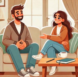 A couple engaged in an open and honest conversation in their living room, showcasing healthy communication in marriage.