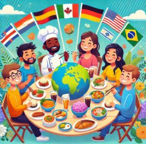 Diverse friends sharing a meal with global cuisines, representing cultural diversity in friendships.