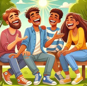 Friends laughing together in a sunny park, symbolizing the joy and influence of friendship on behavior.