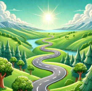 Winding road through a valley with light at the horizon, symbolizing God's plans for hope and a future.