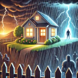 Brightly lit home in a storm, symbolizing the abundant life Jesus gives.