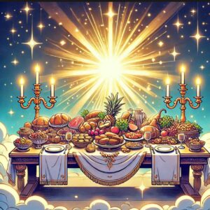 Banquet table under a heavenly glow, symbolizing God's provision for those who seek His kingdom."