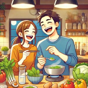 A couple laughing and cooking together, demonstrating the importance of quality time in a happy marriage.