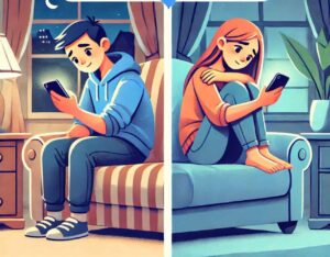 Two friends texting emotional support, symbolizing how technology can provide comfort and strengthen friendships.