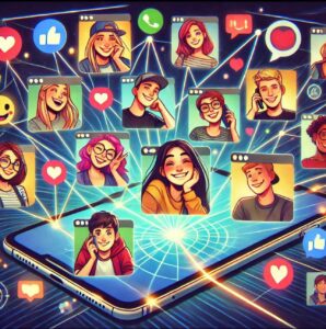 Collage of friends interacting through digital platforms, representing the evolving nature of friendships in the digital age.