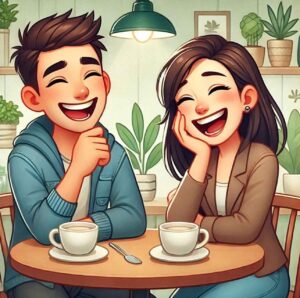 Two friends laughing together at a café table, enjoying a genuine moment of friendship.