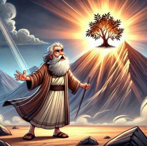 Moses standing before the burning bush on a mountain, symbolizing his divine calling from God (as a chosen one).