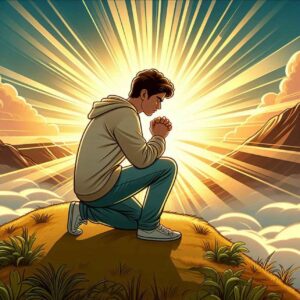 A person praying on a hilltop at sunrise, symbolizing assurance of salvation.