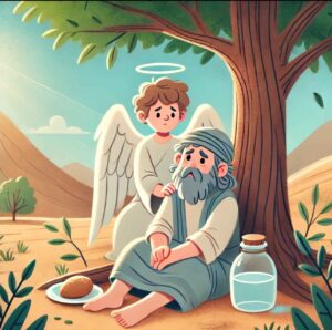 A prophet under a tree receiving bread and water from an angel, symbolizing God's provision (chosen).