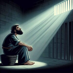 Joseph in a prison cell with light illuminating his face, reflecting faith amid trials.