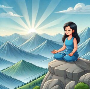 A person sitting peacefully on a mountain peak at sunrise, representing God’s guidance and peace.