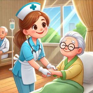 A nurse assisting an elderly patient, representing serving others through her job.