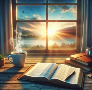 Bible and coffee on a desk by the sunrise, symbolizing seeking God's guidance in work.