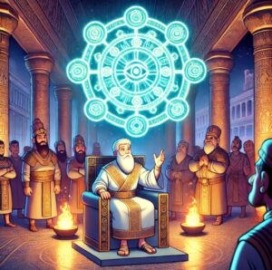 Daniel interpreting a glowing dream symbol in a royal court, representing spiritual insight as a chosen one.