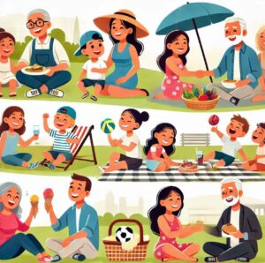 Multigenerational family enjoying an outdoor picnic.