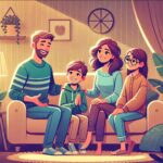 Family having a heartfelt discussion in a cozy living room.